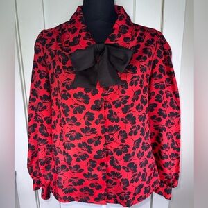 VINTAGE Judy Bond Floral Red and Black Women's Button Down Blouse